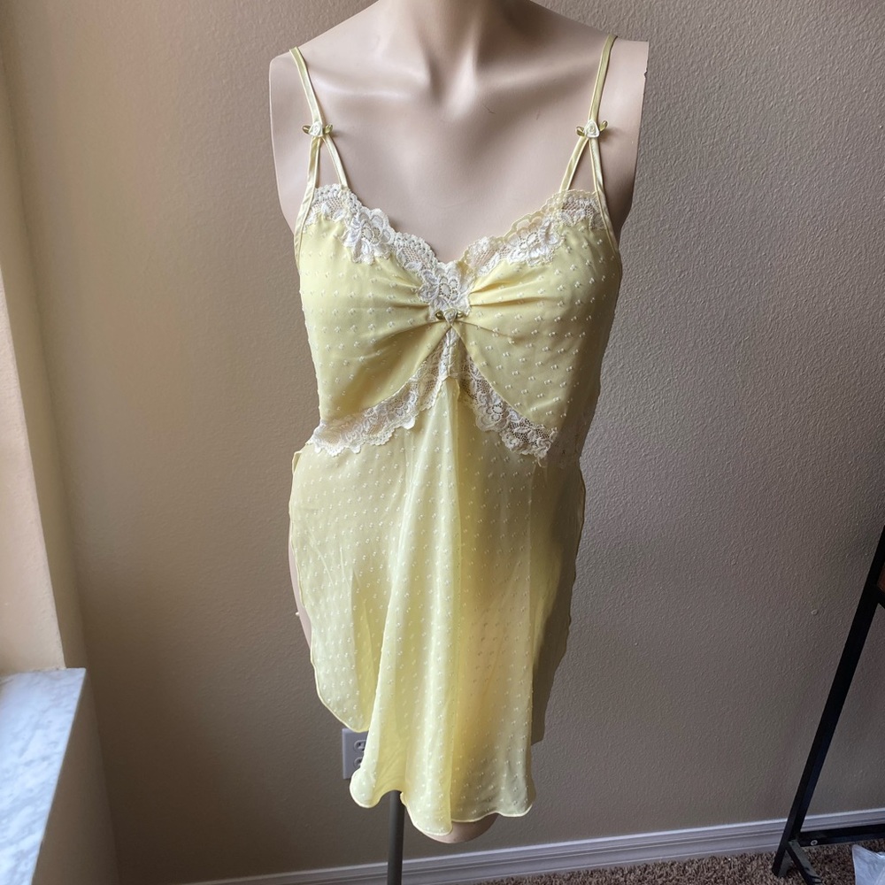 Yellow sheer dotted flower detail nightgown slip